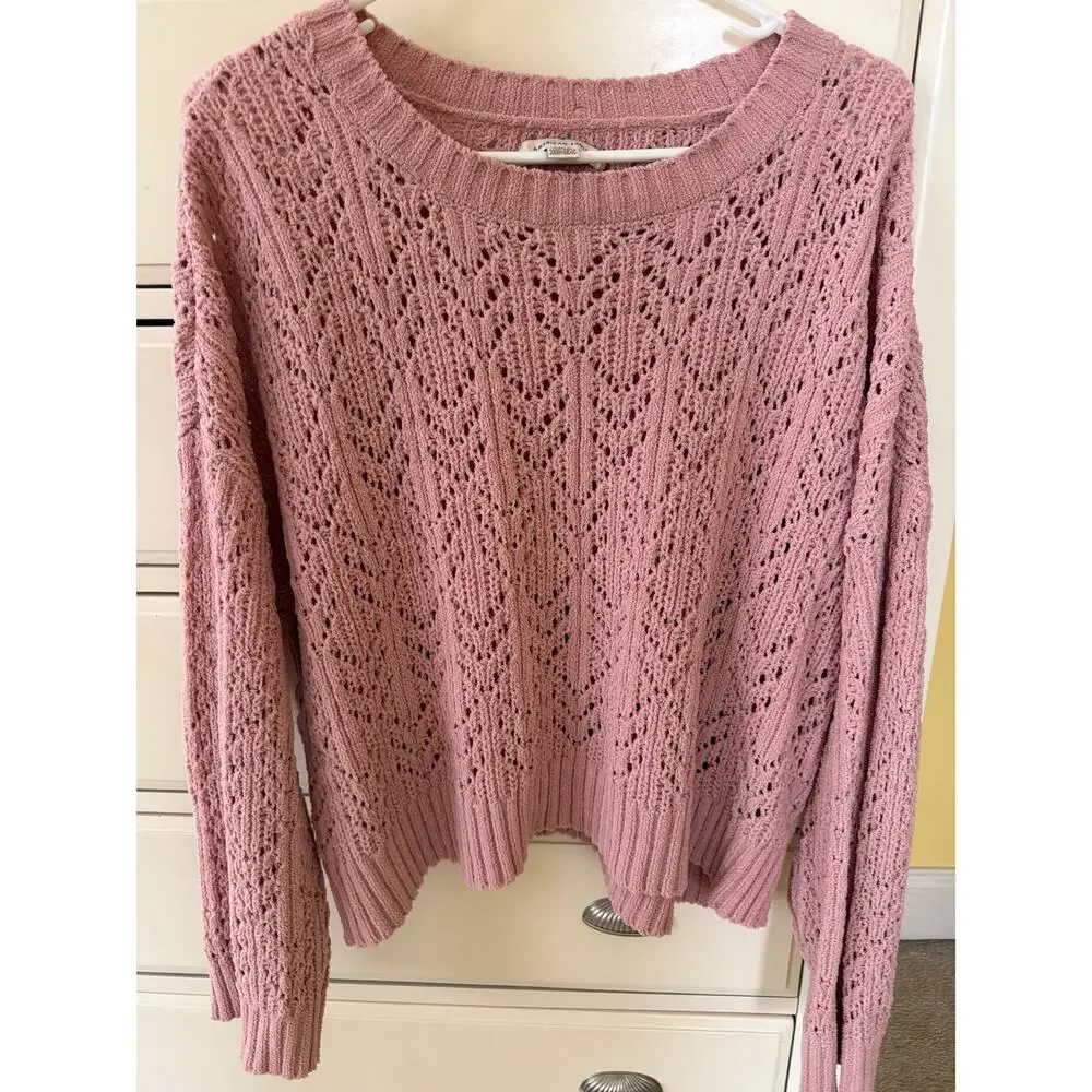 American Eagle Rose Pink Sweater Size Large Pointelle Crew Neck Lacy Twee Fairy